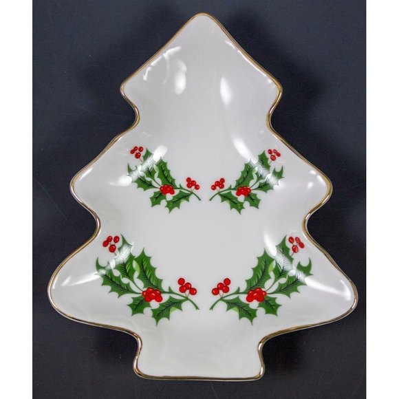 Christmas Holly Fine Porcelain Tree Shaped Candy Nut Trinket Dish Japan - Picture 1 of 2
